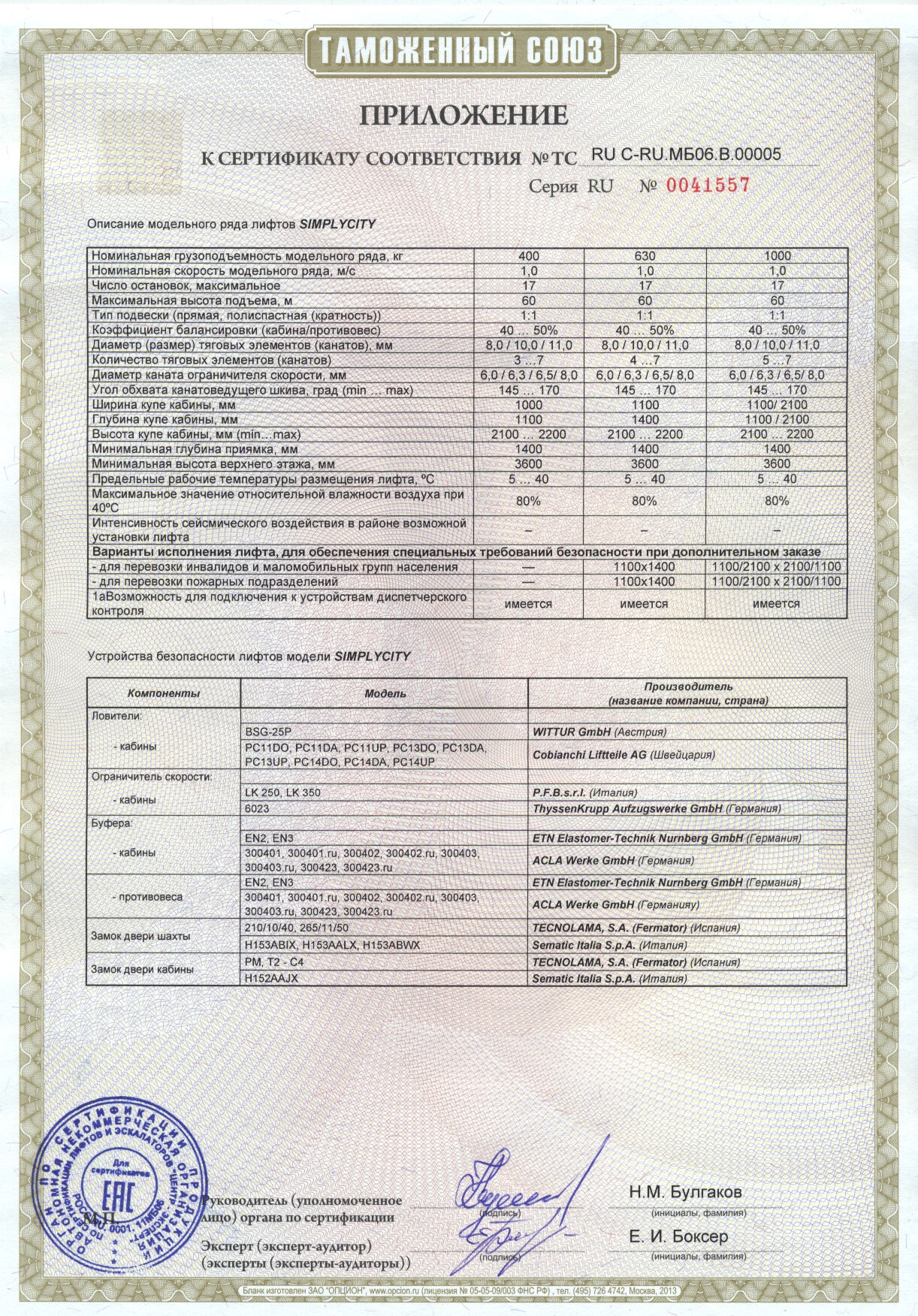 Приложение к сертификату RU C-RU.МБ06.В00005