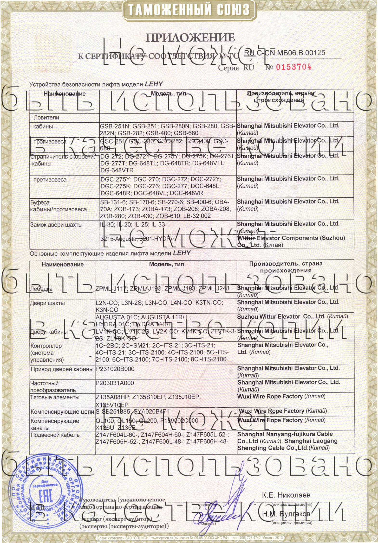 Приложение к сертификату № RU С-CN.МБ06.B.00125